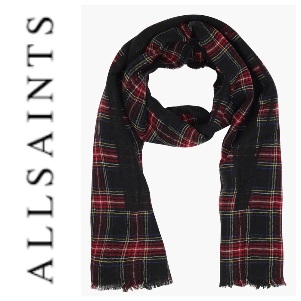 All Saints Vertical Plaid Wool Blend Scarf